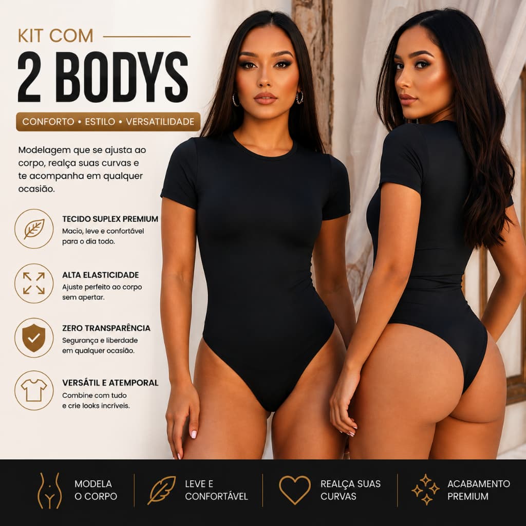 Kit 2 Body Manga Curta Suplex Forro Duplo Gola Redonda Roupa Feminina Promoção Bory Feminino