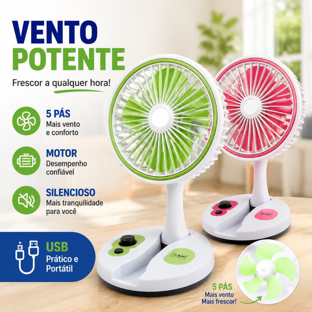 Ventilador de Mesa Portátil, Dobrável e Telescópico com Luz LED, Funciona com Pilhas, Multifuncional