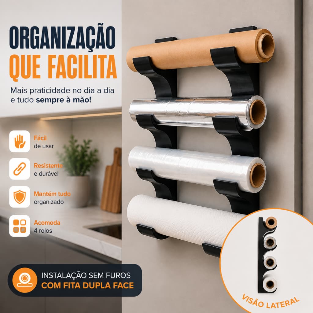 Suporte Organizador De Cozinha Para Rolos Instalação Sem Furos Com Fita Dupla Face Forte Alumínio Filme Plástico