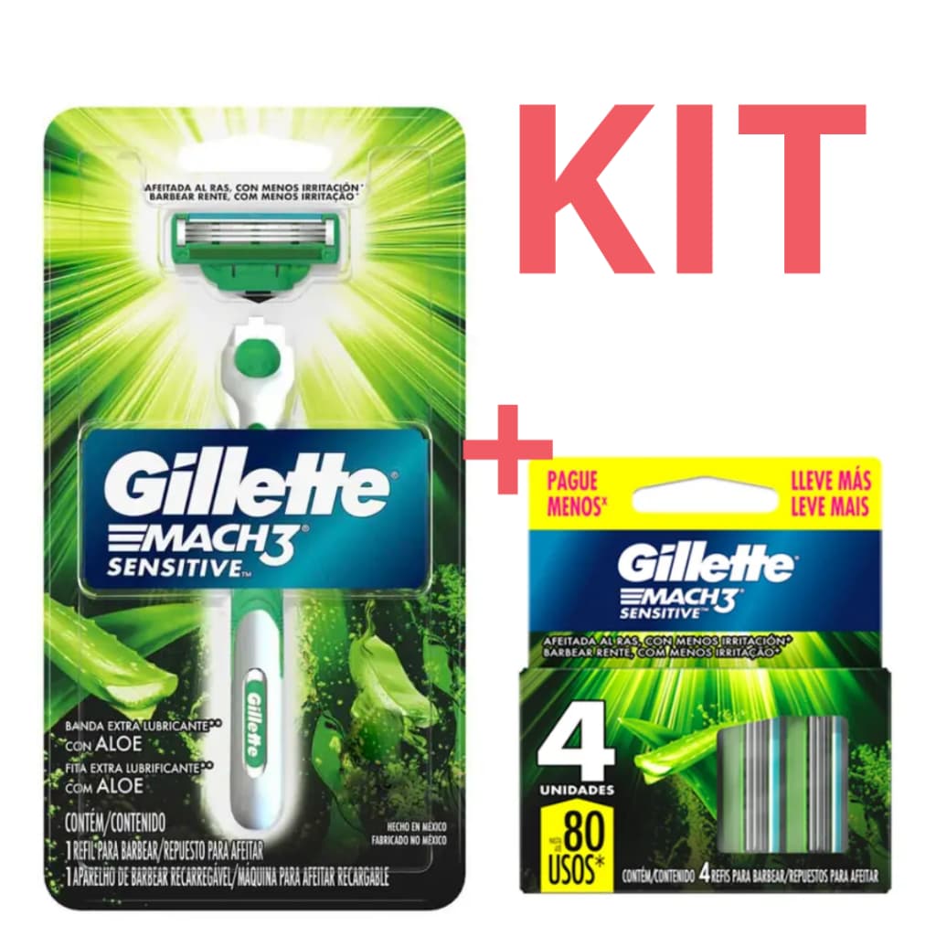 Kit Aparelho de Barbear Gillette Mach3 Sensitive + Cargas 4un