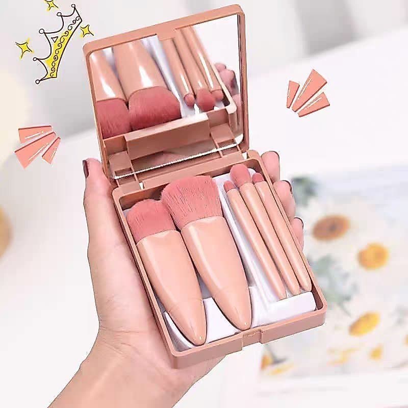 Kit Mini Espelho de Maquiagem Portátil com 5 Pincéis – Compacto, Dobrável e Ideal para Bolsa