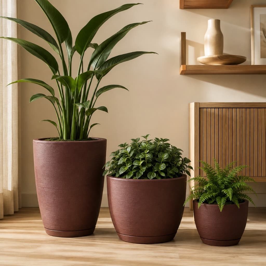 Kit Vasos Para Plantas e Flores Decorativo Jardim Sala Casa Cone Bojo com Prato - Acabamento Escovado Grafiato Riscato