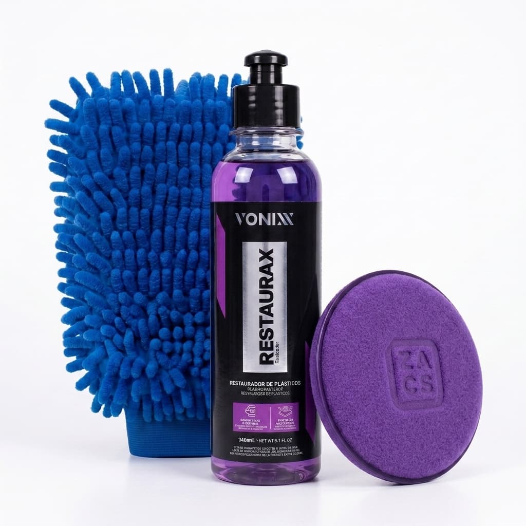 Kit Restaurax Vonixx 240ml + Aplicador de Espuma + Luva de Microfibra para Carro Moto Restaurador de Plásticos