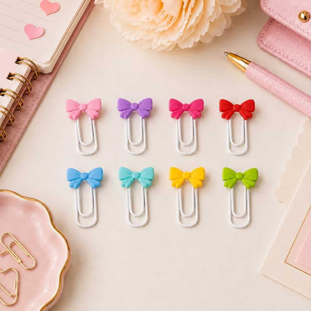Clips de Papel com Laço Decorativo – Marcador de Página Colorido | Papelaria Fofa