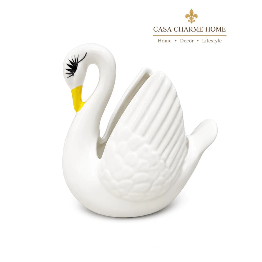 Porta Guardanapo Cisne Decorativo Cerâmica Esmaltada Pintado à Mão para Sala Mesa Aparador Branco