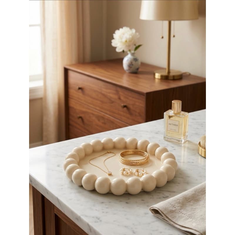 Bandeja Decorativa Redonda de Bolinhas "Beaded Tray" - Off-White/Creme