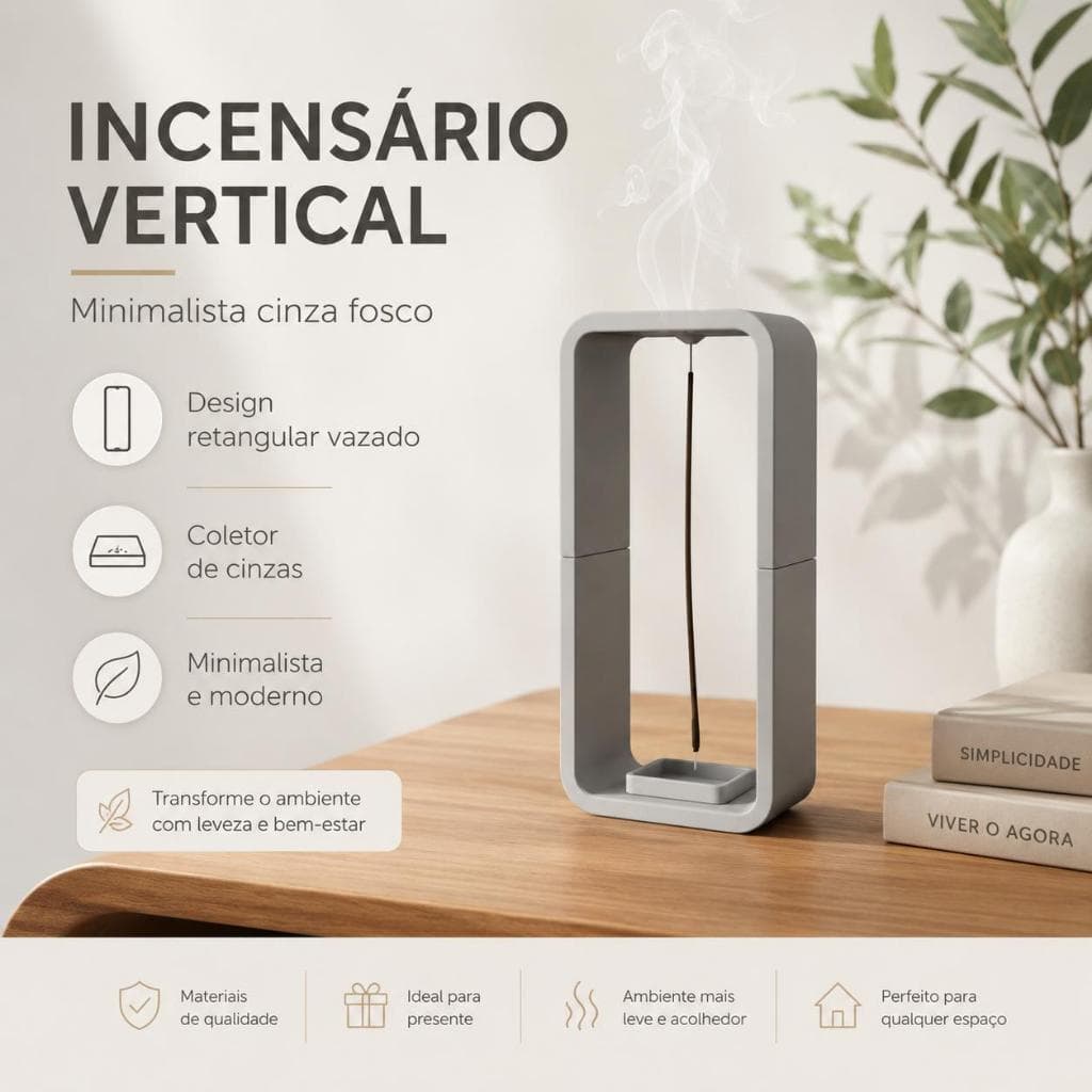 Incensário vertical minimalista cinza fosco com design retangular vazado e coletor de cinzas