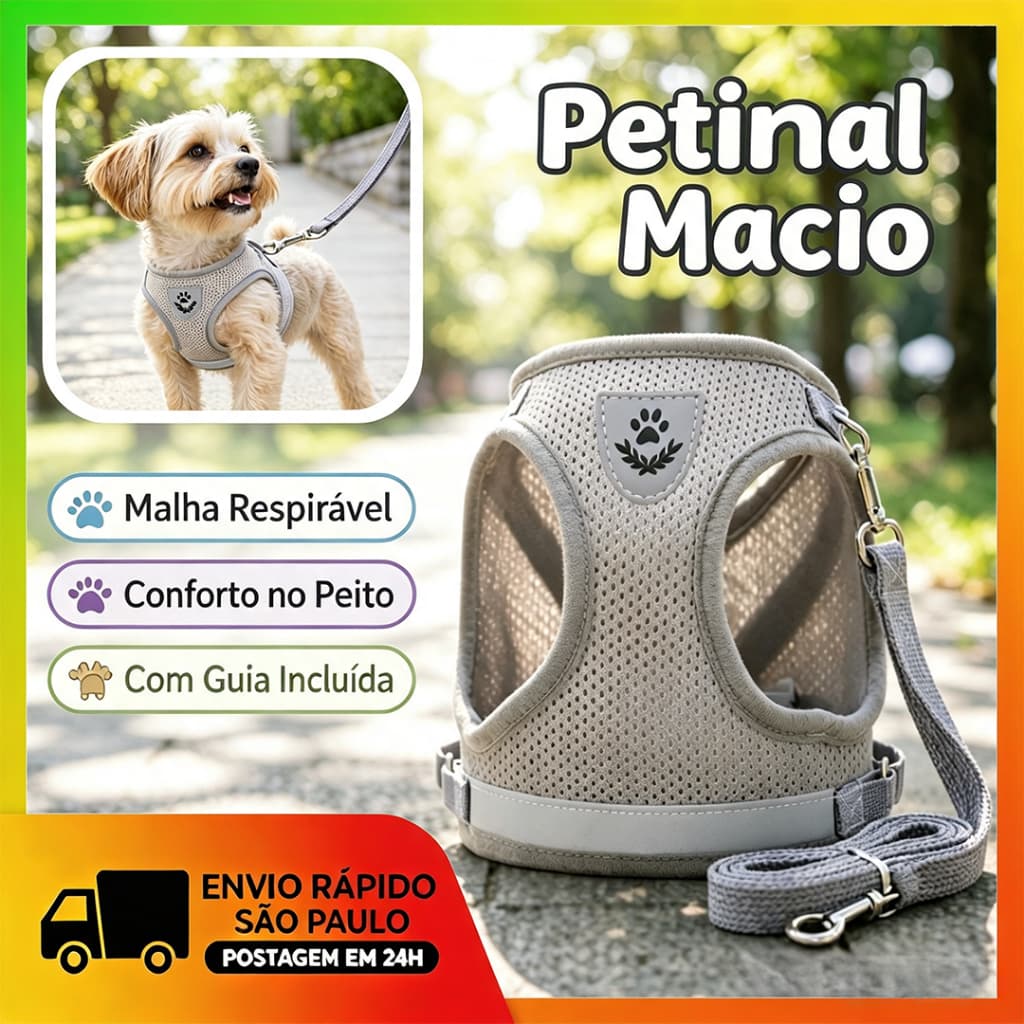 Kit Peitoral + Guia Regulável para Cães e Gatos Pequenos – Ajuste Fácil, Sem Pressão no Pescoço