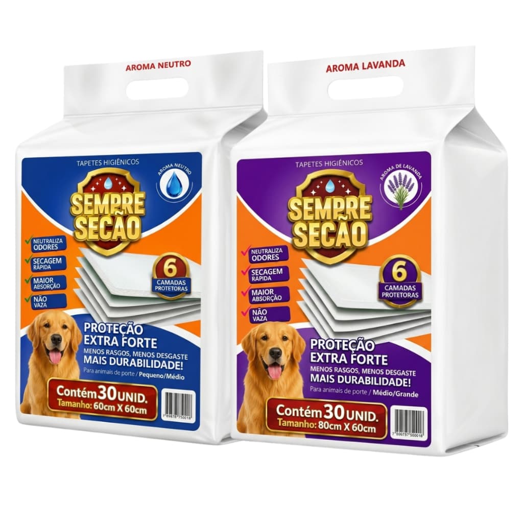 Tapete Higiênico Sempre Secão para Cães 60x60 80x60 30 Un 6 Camadas Super Absorvente Anti Odor Neutro ou Lavanda