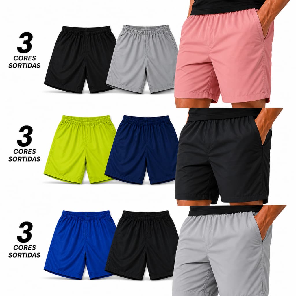 Kit Com 3 Shorts Tactel Lisos Sortidos Praia Lazer Treino