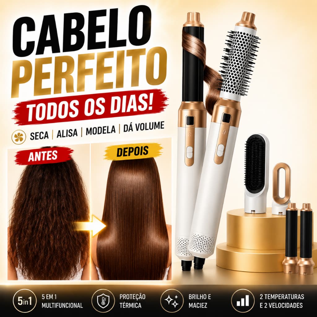 Escova Secadora 5 em 1 Multifuncional 110V Branco Dourado – Secador, Alisador, Modelador e Escova de Cabelo