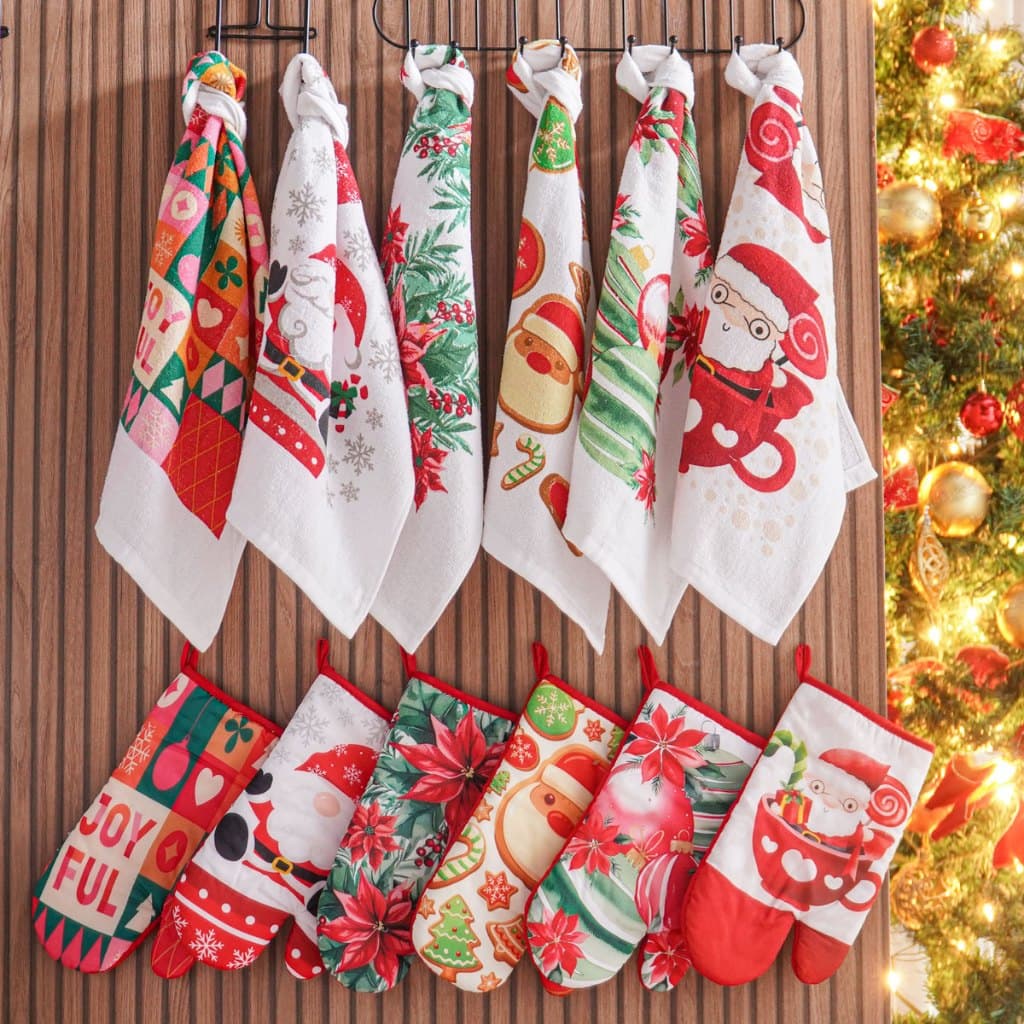 Kit Natalino Panosul Sortido Luva + Pano de Copa Felpudo 230g/m² Decoração de Natal
