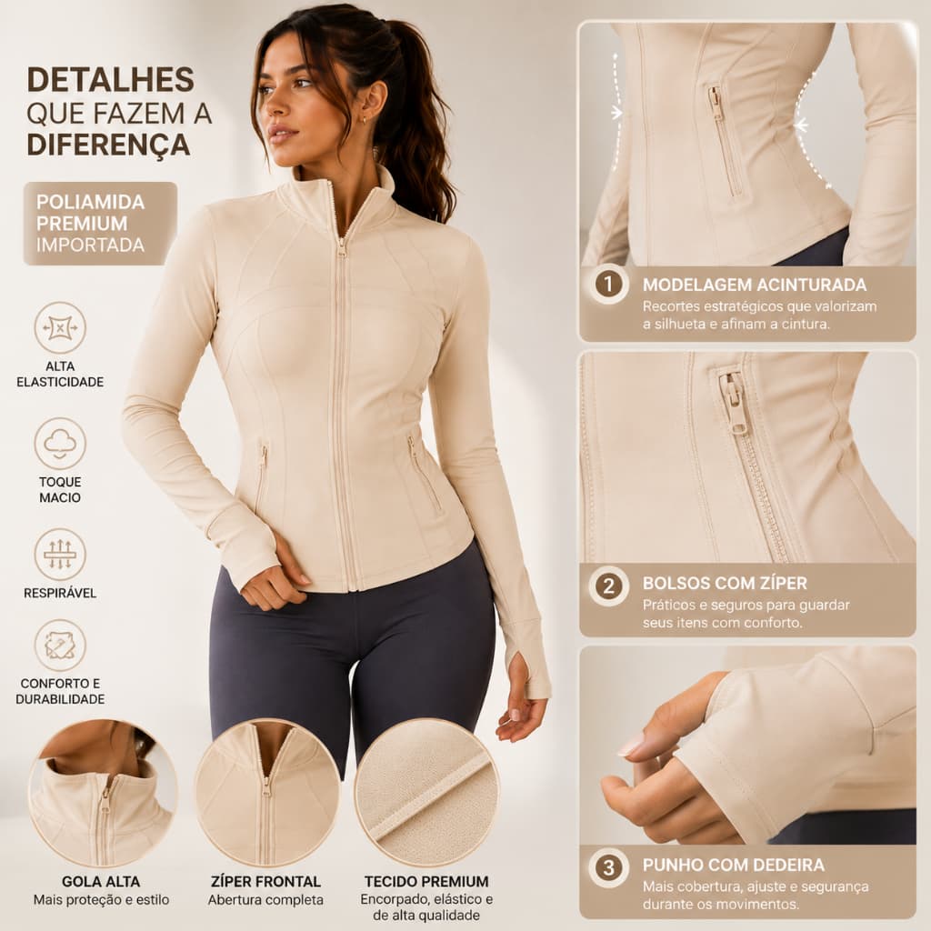 Jaqueta Fitness Feminina Sculpt Poliamida Premium Importada Acinturada com Zíper Bolso e Dedeira