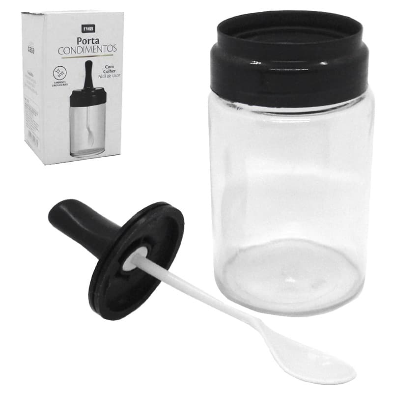 PORTA MEL / PORTA CONDIMENTO DE VIDRO COM COLHER + TAMPA DE PLASTICO 240ML