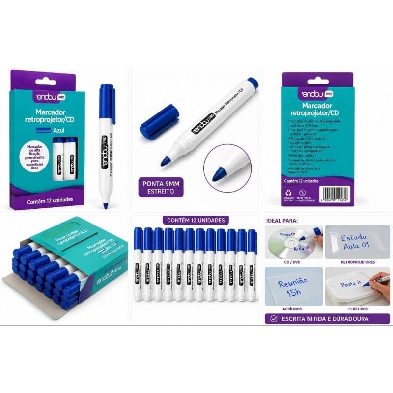 Marcador Permanente Onda Pro Retroprojetor CD DVD Caneta Alta Fixação Azul Preto