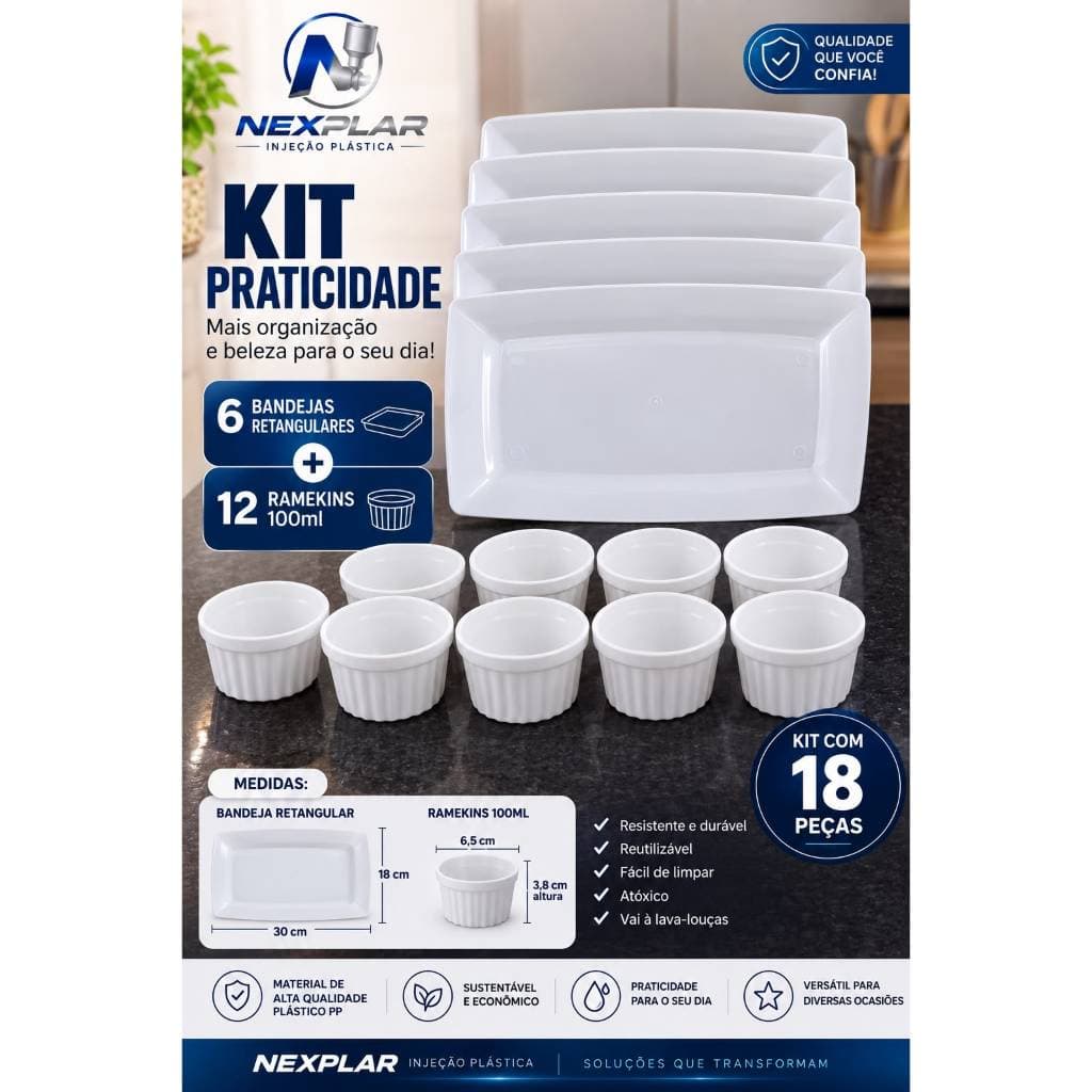 KIT 18 PEÇAS 6 BANDEJAS 12 RAMEKINS PLÁSTICO  BRANCO PETISCOS MOLHOS LANCHES REUTILIZÁVEL FESTAS CHURRASCO ESPETINHO DOC