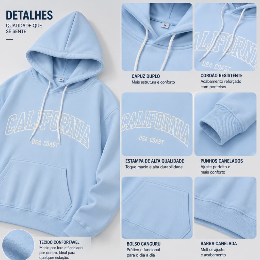 Moletom Canguru Estampado Califórnia Usa Coast Blusa de Frio Unissex Estilo Inverno