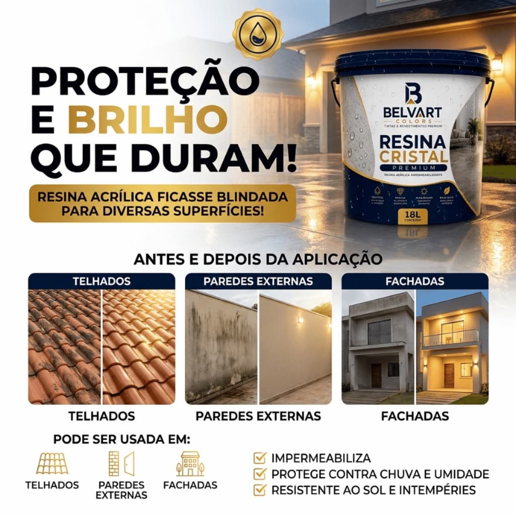 Resina Cristal Premium Belvart Colors 18L Protege e Sela Base Água Baixo Odor Parede Pedra e Tijolo