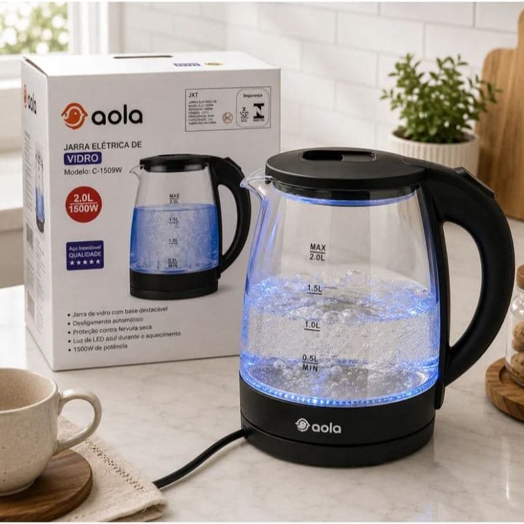 Chaleira Elétrica  de Vidro 2L 110V Jarra Resistente ao Calor com Desligamento Automático Aquecimento Rápido