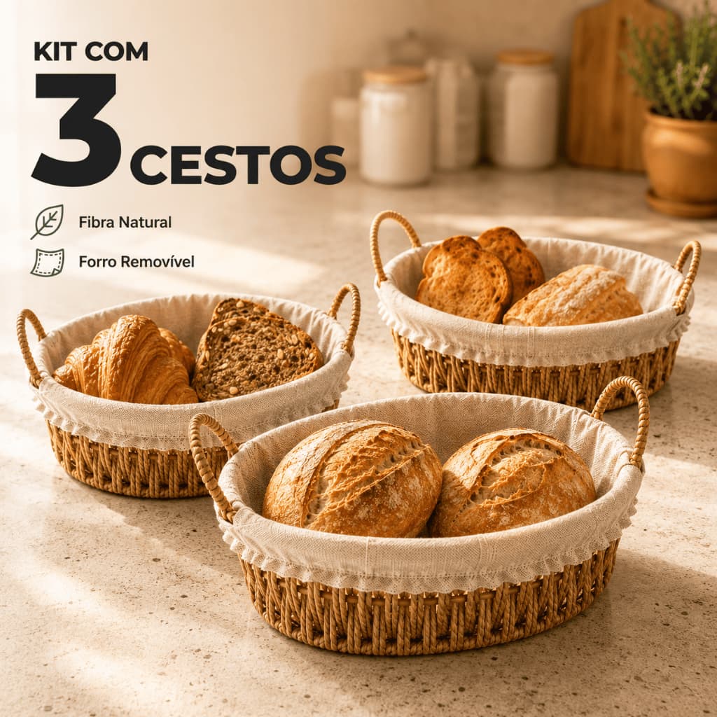 Kit Cestos Porta Pão Oval Artesanal 29cm Com Alça Forro Removível Em Tecido Conjunto Para Mesa Posta Café Da Manhã