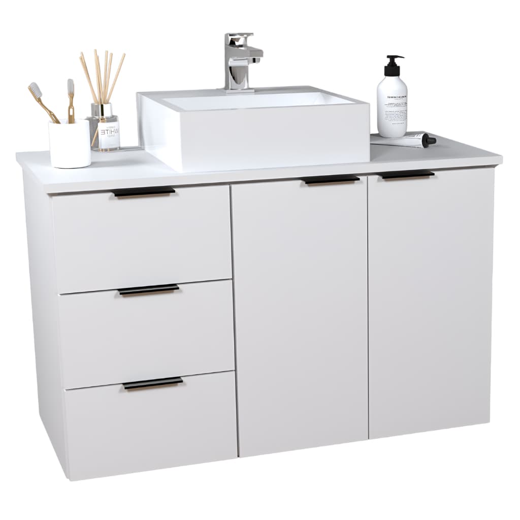 Balcão Móvel Gabinete 80cm MDF Para Banheiro Com Tampo & Cuba Com Fundo - Gavetas Lado Esquerdo do Móvel