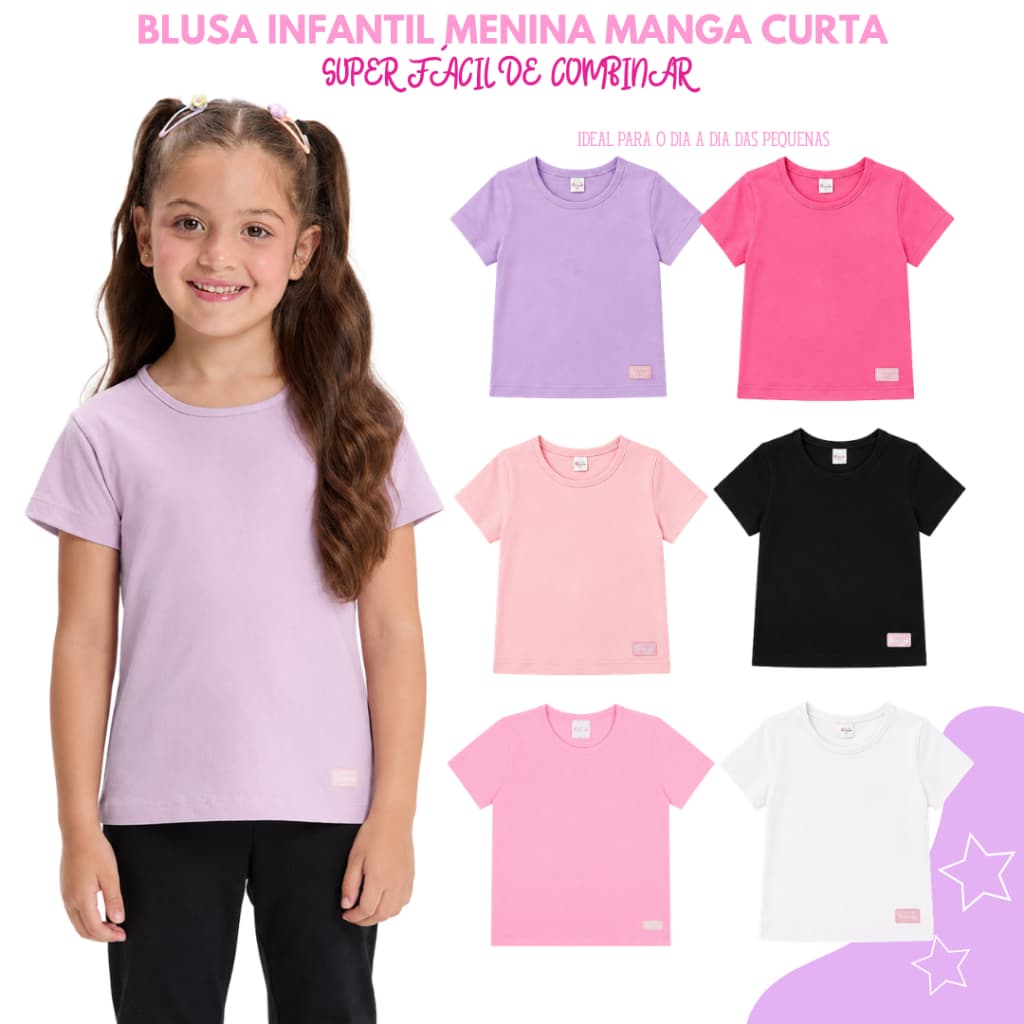 Kit 5 Blusas Básicas Infantil Menina Manga Curta Verão 1 ao 10 anos