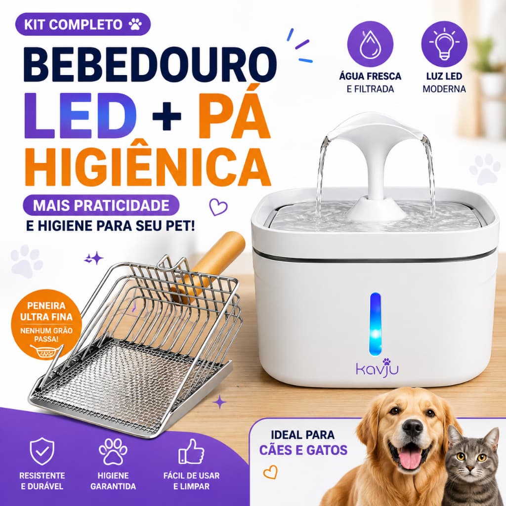 Kit Bebedouro Fonte de Água para Gatos 2,5L LED + Pá Higiênica para Caixa de Areia
