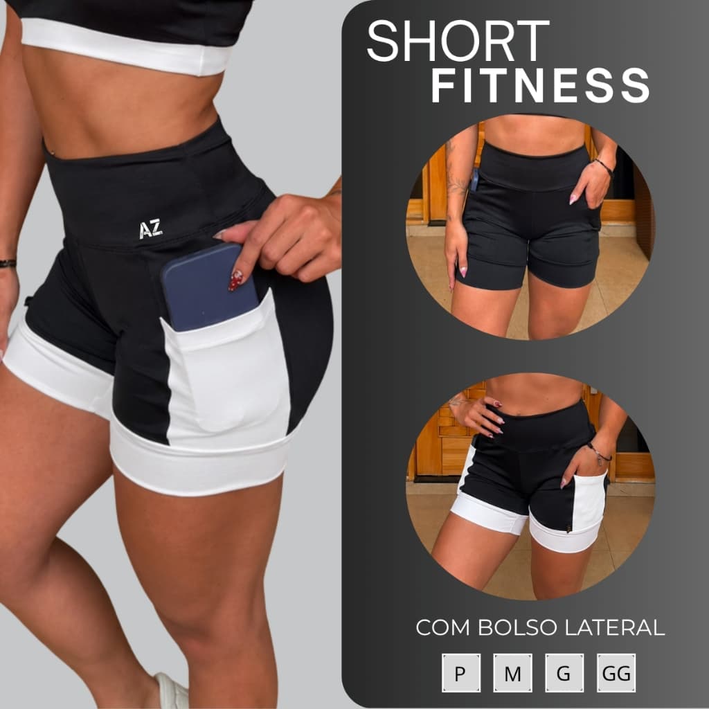 SHORT FEMININO POLIAMIDA COM BOLSO LATERAL ZERO TRANSPARENCIA CORRIDA ACADEMIA MULHER TREINO