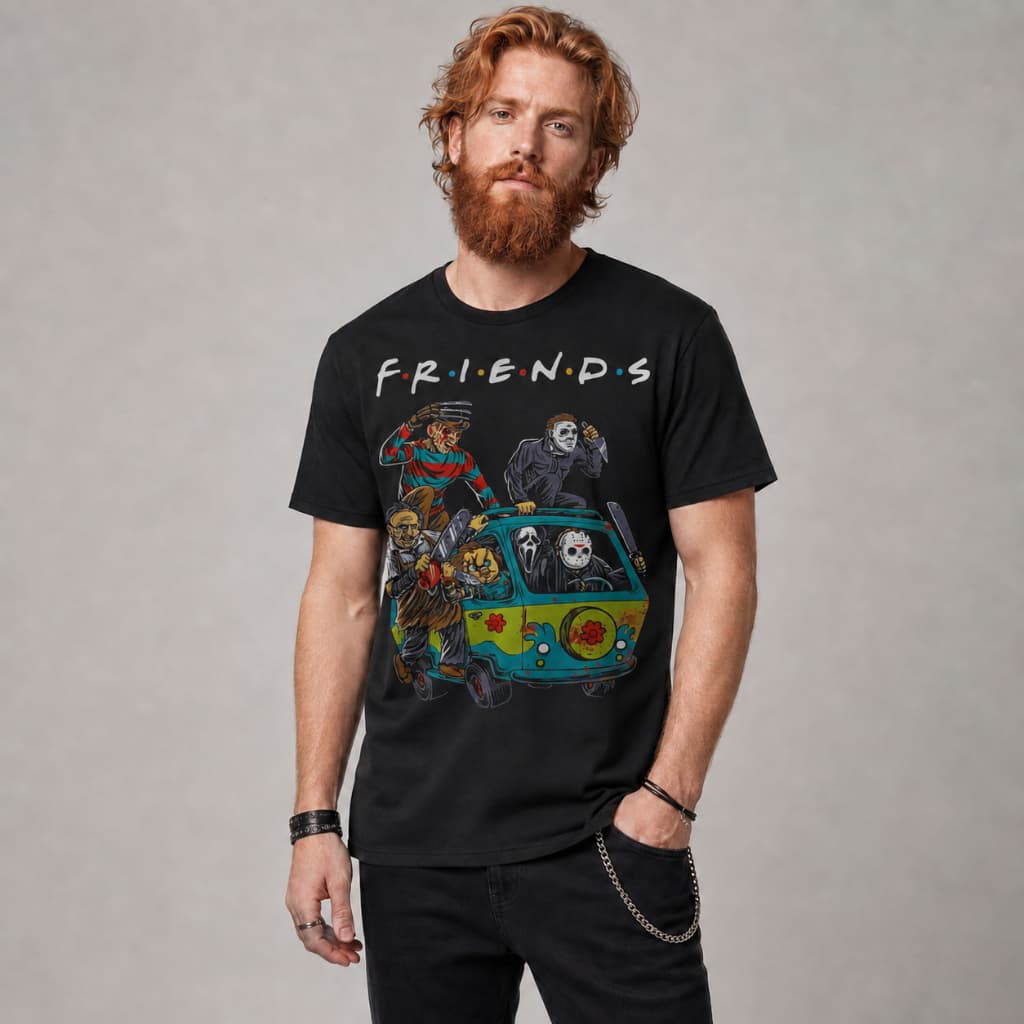 Camiseta Estampada Amigos Viloes Terror Filmes