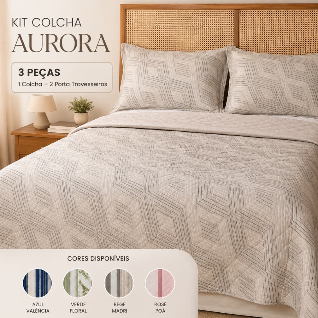 Kit Colcha/Cobre Leito Aurora + Porta Travesseiro 3 Peças 100% Poliéster 300 Fios Dupla Face