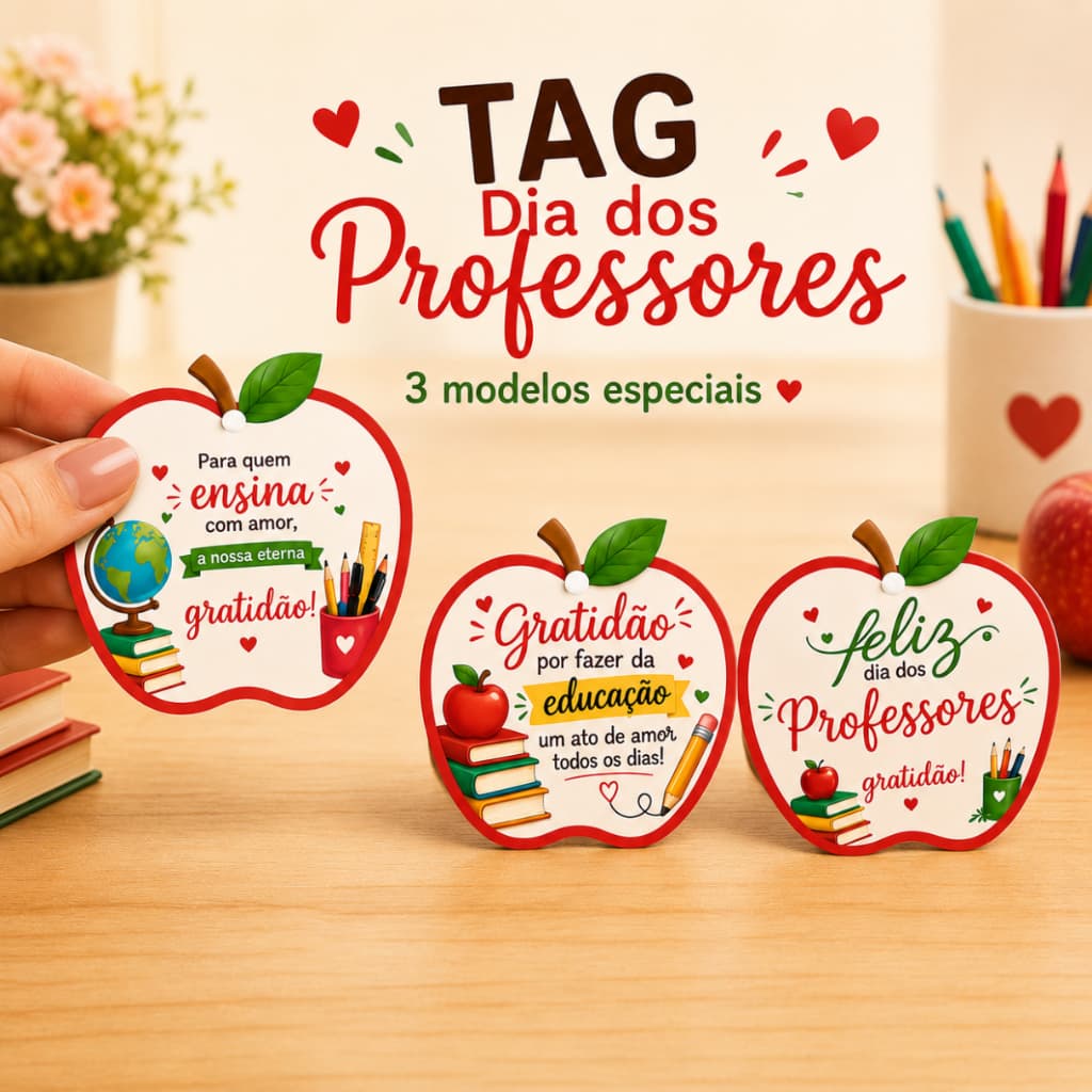Tag Dia dos Professores 6x6 cm | Tag Maçã para Lembrancinha | Tag para Presente Dia dos Professores| Presente Escolar
