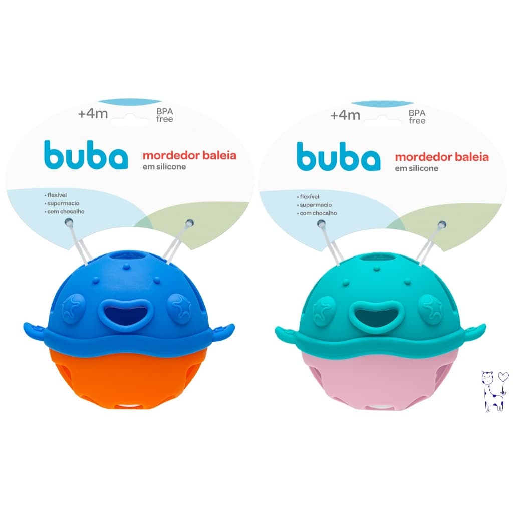Mordedor de Silicone Baleia Buba com Chocalho Bebê Alivia Gengiva Macio Antitóxico