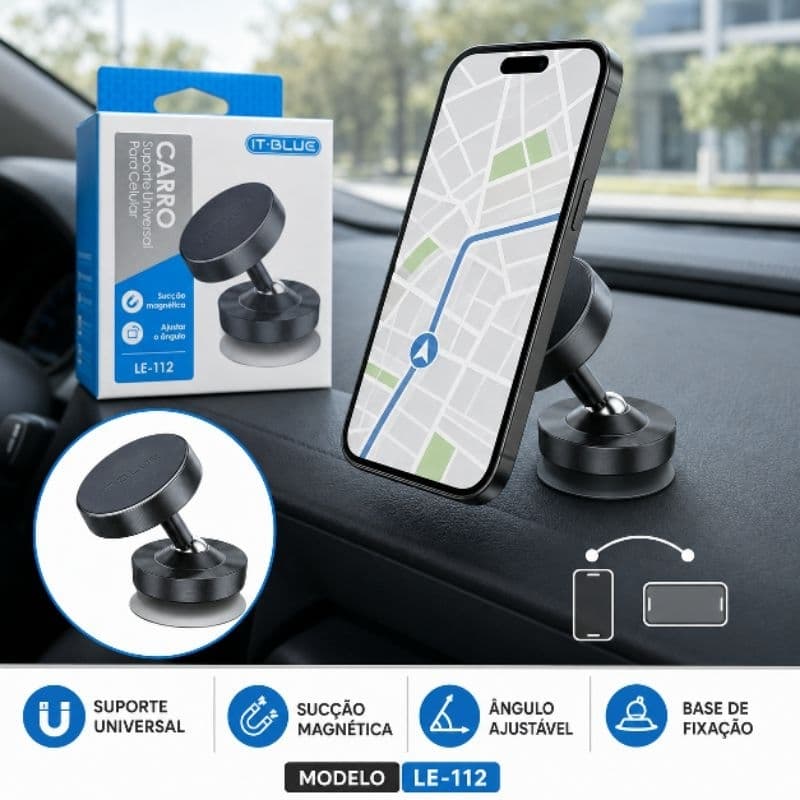 Suporte Magnético Veicular para Celular IT-BLUE LE-112 com Base de Sucção e Ajuste de Ângulo