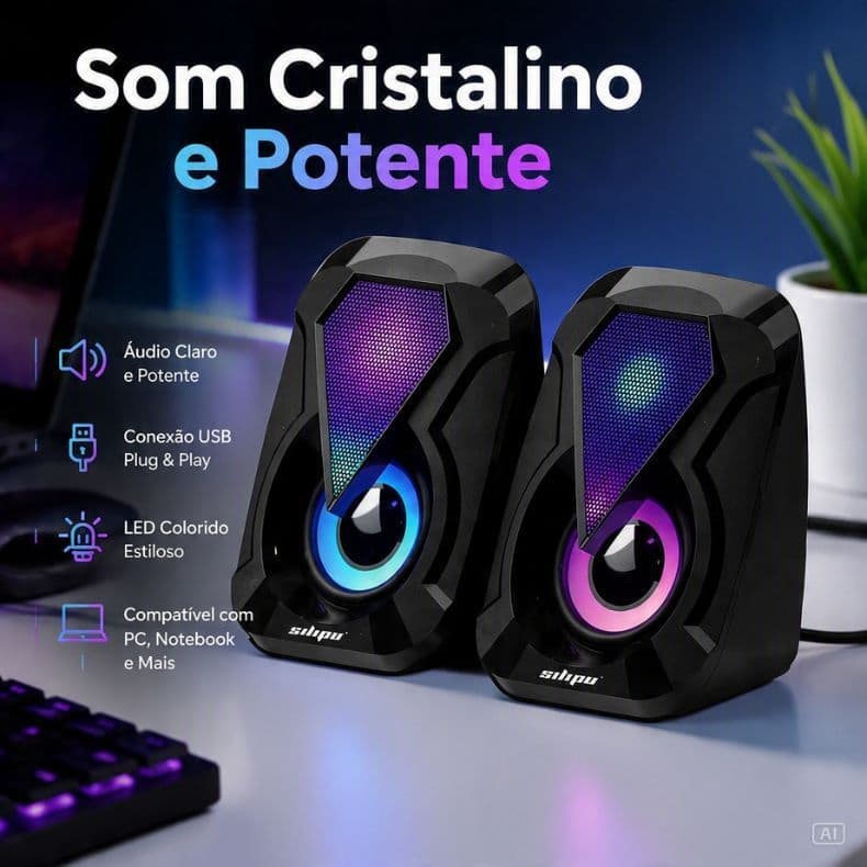 Caixa de Som PC Gamer RGB Estéreo 2.0 para Computador Notebook Alto-Falante de Mesa