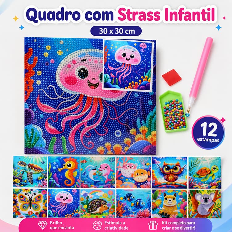 Kit Pintura Diamante Infantil 30x30cm Quadro com Strass 12 Estampas com Caneta, Pedrinhas e Bandeja