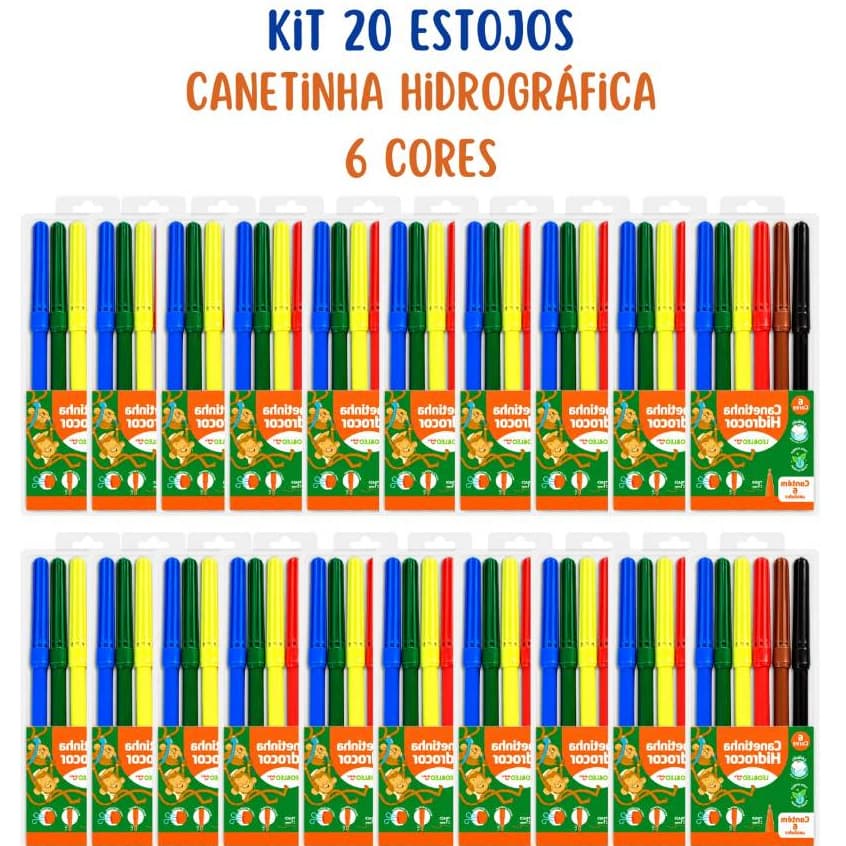 Kit 20 De Estojos Caneta Hidrográfica Hidrocor Lavável Canetinha Com 6 Cores Leo&Leo