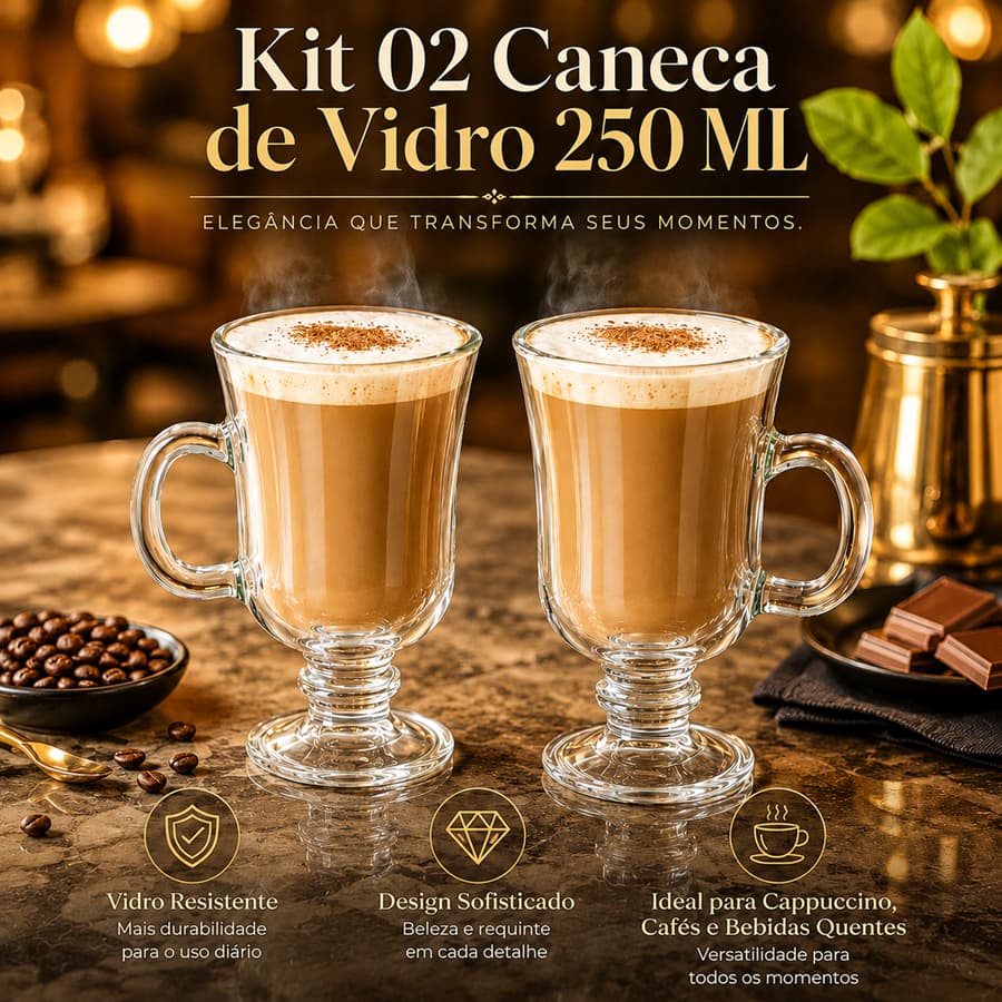 Kit 02 Caneca de Vidro Irish 230 ML com alca Cappuccino Bebidas Quentes