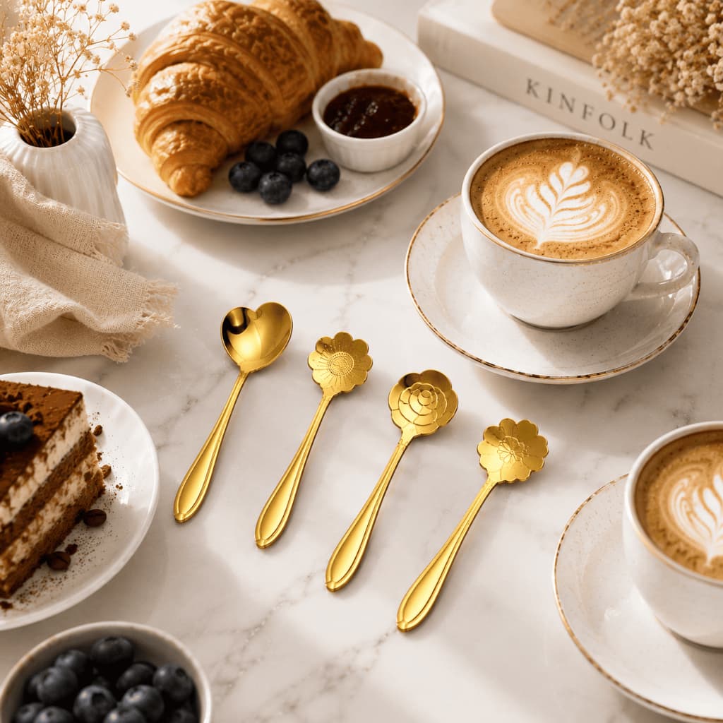 Kit Colheres Douradas Chá E Café Flor Trevo Decorativa Luxo Sobremesa Inox Rosa Heart Coração Luxo Aço Inoxidável