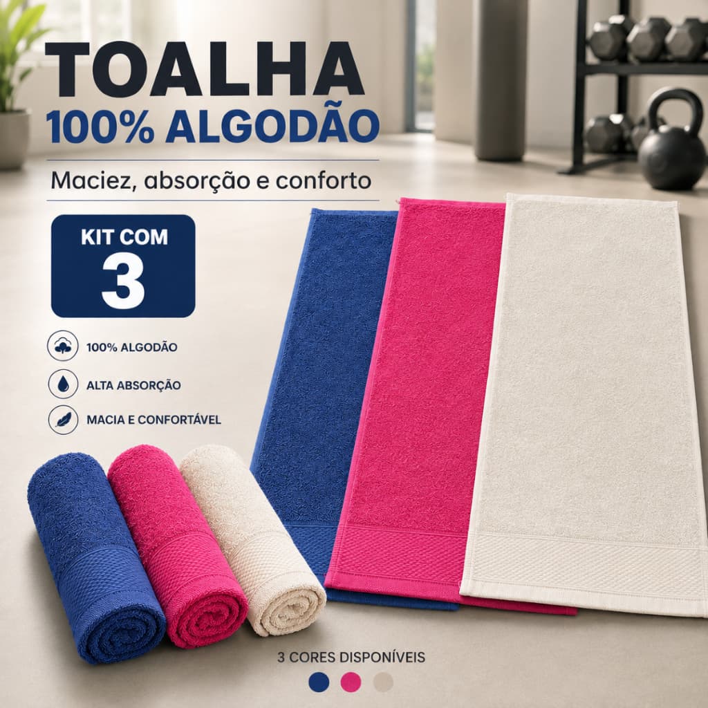 Kit 3 Toalhas de Rosto Para Academia / Crossfit Unissex 100% Algodão Ecológica 30x80cm