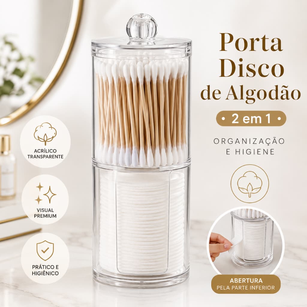 Porta Algodão e Cotonete Acrílico 2 em 1 Organizador Duplo Transparente com Tampa para Banheiro Penteadeira Maquiagem