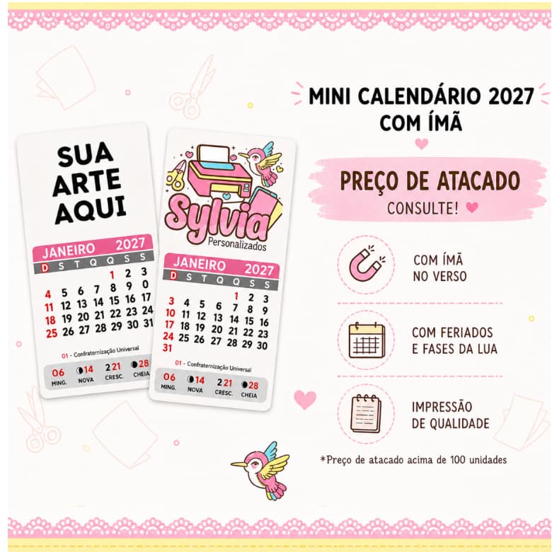 MINI CALENDÁRIO 2027 COM ÍMÃ | LEMBRANCINHA E BRINDE | VÁRIAS QUANTIDADES