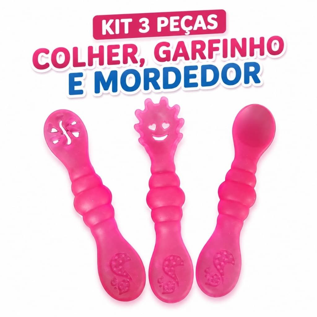 Kit 3 Colher Garfo e Mordedor Infantil de Silicone Para Bebê Garfinho Mordedor Sensorial Alimentação Infantil 11 cm