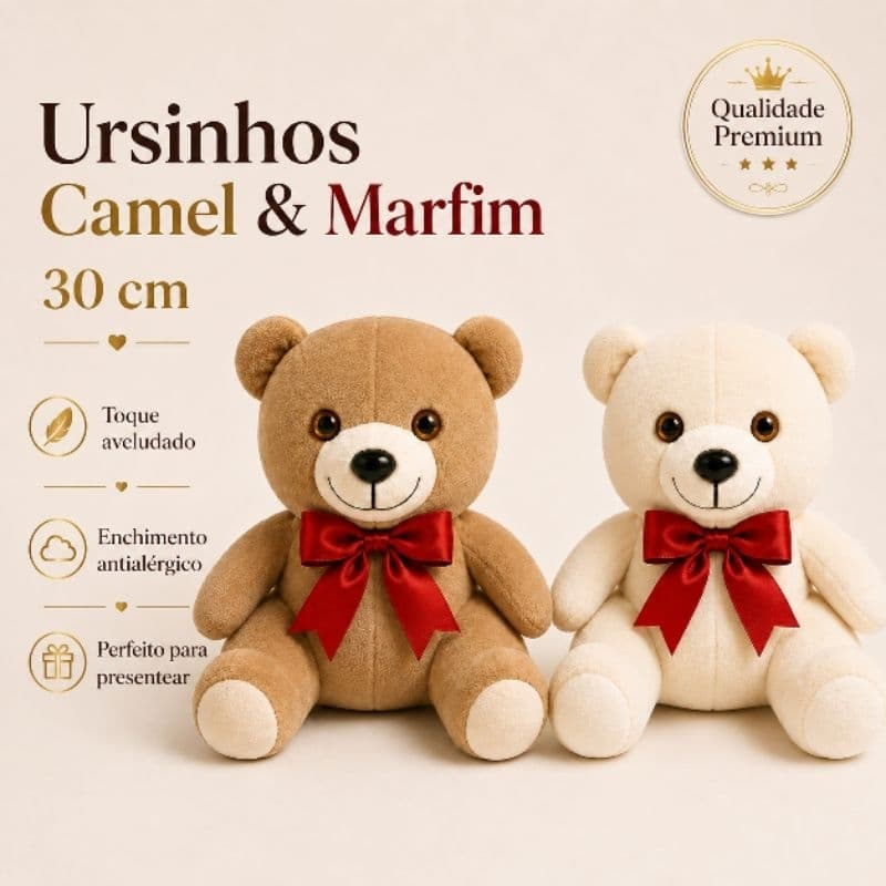 Urso de Pelúcia 30cm Premium Camel e Marfim Antialérgico + Brinde Coração
