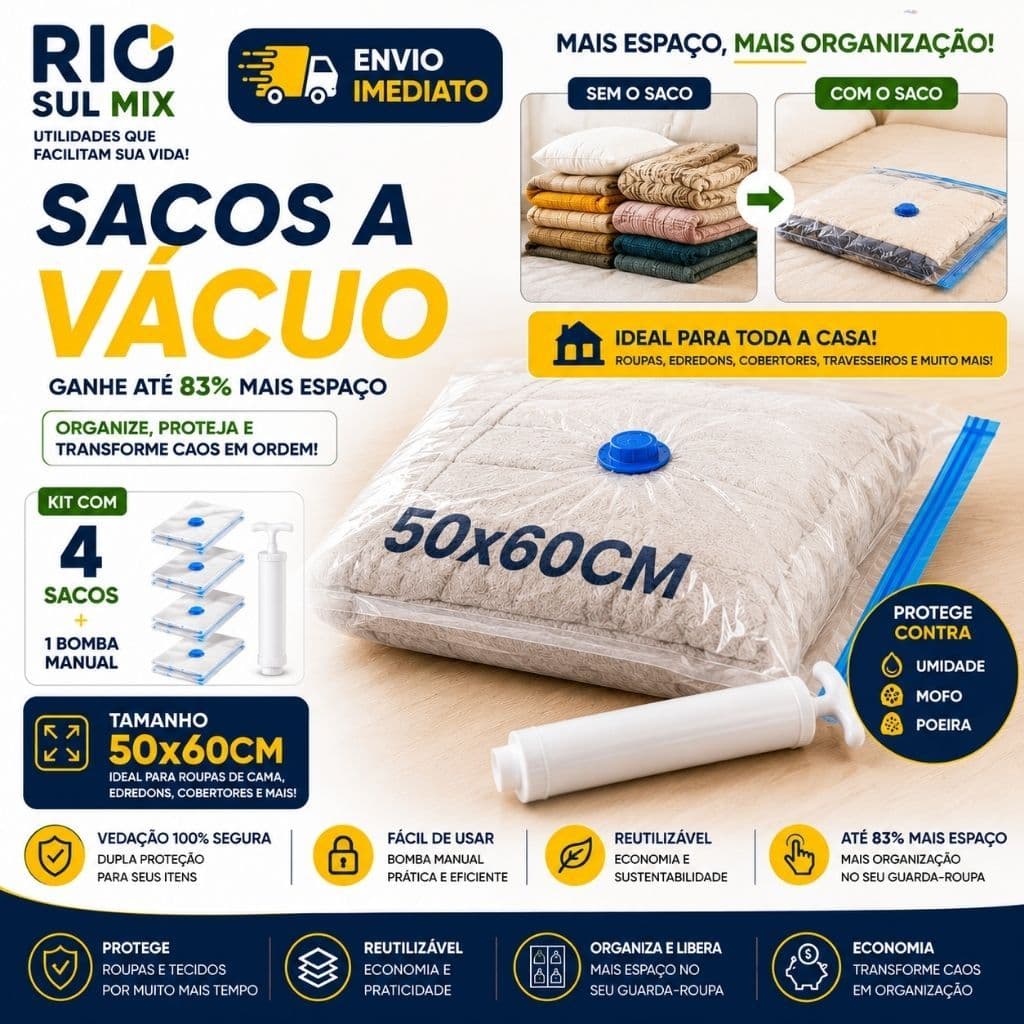 Kit 2 / 4 Sacos A Vácuo Para Roupas 50x60 Com Bomba Manual Organizador Para Edredom Cobertor Guarda Roupa
