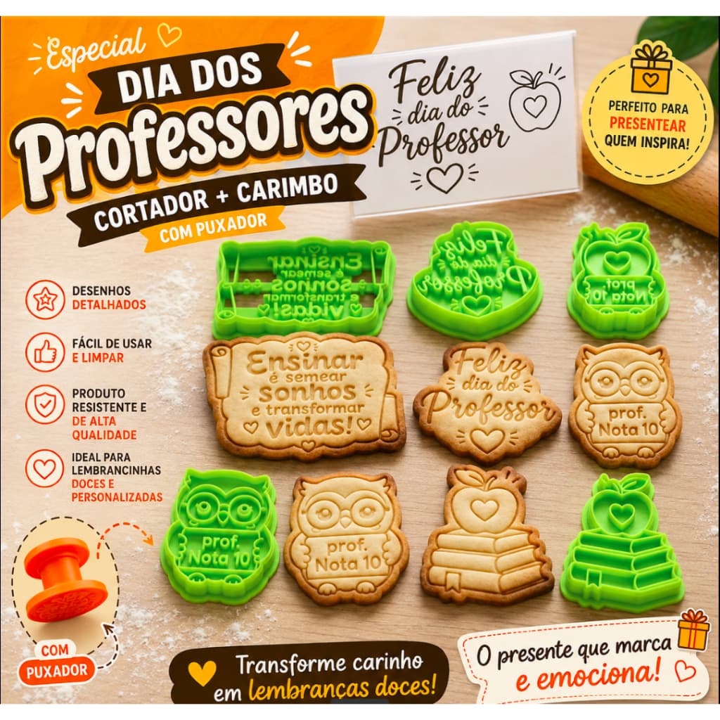 Cortador e Marcador de Biscoito Dia dos Professores c/ Puxador - Kit ou Avulso