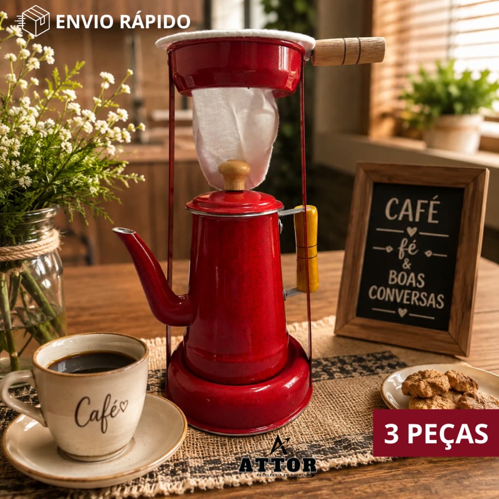 KIT MANCEBO DE CAFE BULE N8 1,35L CABO DE MADEIRA COADOR DE CAFÉ SUPORTE VELADOR PASSADOR DE CAFÉ, VINTAGE,
