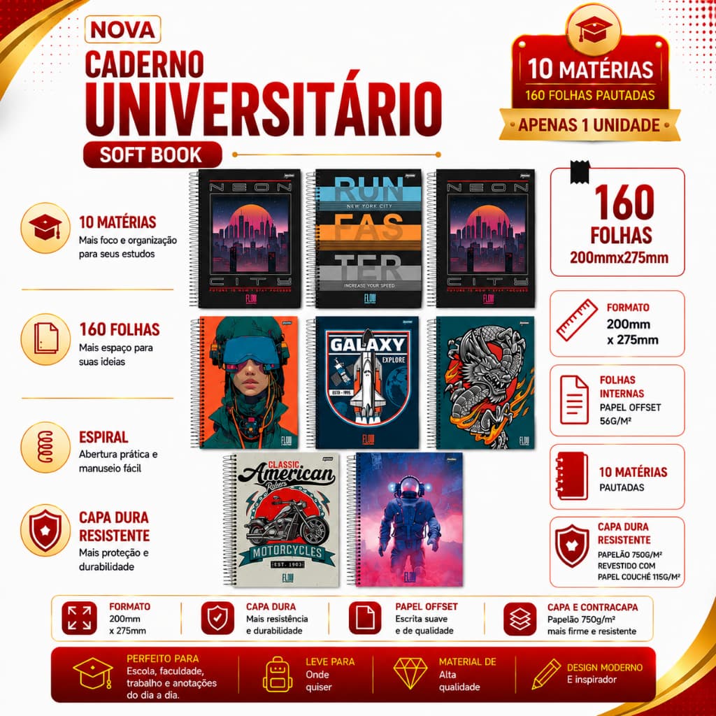 Caderno Espiral Capa Dura Universitário 10 Matérias 160 Folhas  Masculino Temas