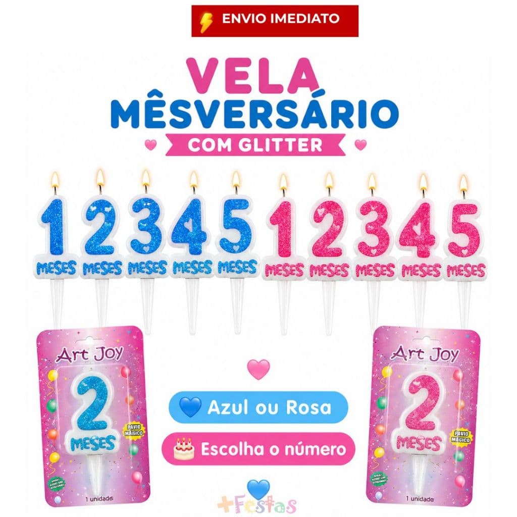 Kit Velas Mêsversário Meses Premium Azul Rosa Decoração Mesversário Menino Menina Parabéns