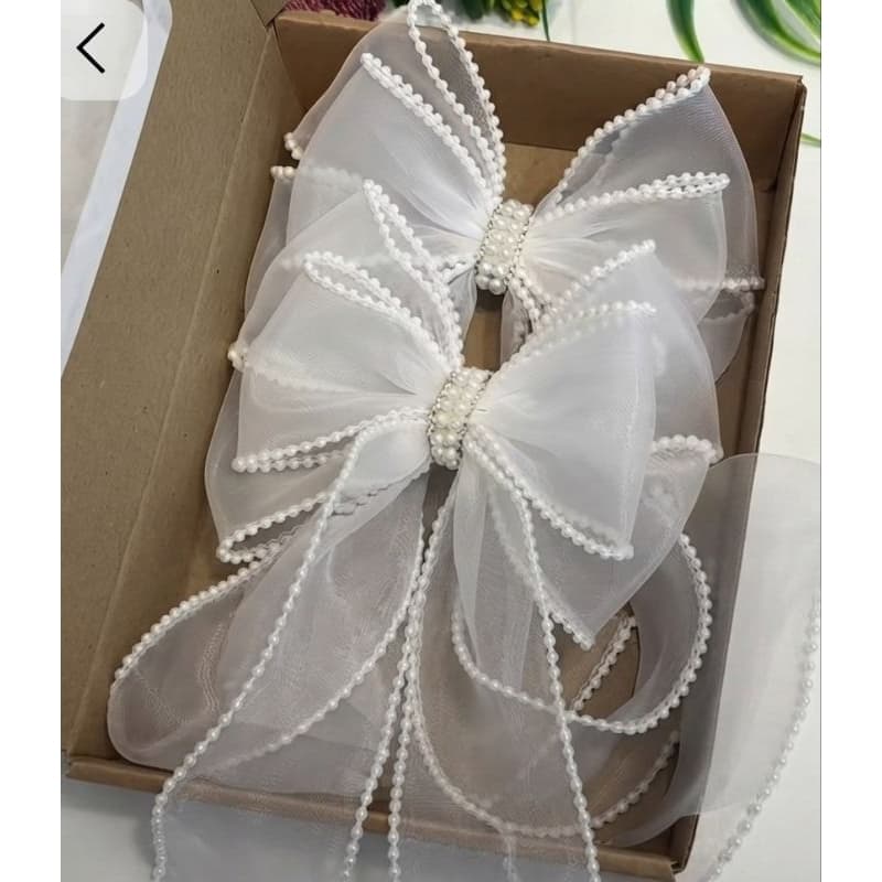 Laço Infantil Luxo Organza com Pérolas Acessório de Cabelo Menina Batizado Daminha Casamento