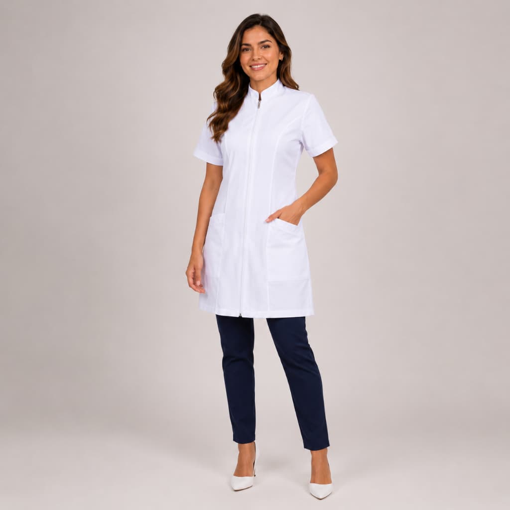 Jaleco Feminino Manga Curta Com Zíper Acinturado Oxford Para Saúde Estética Clínica